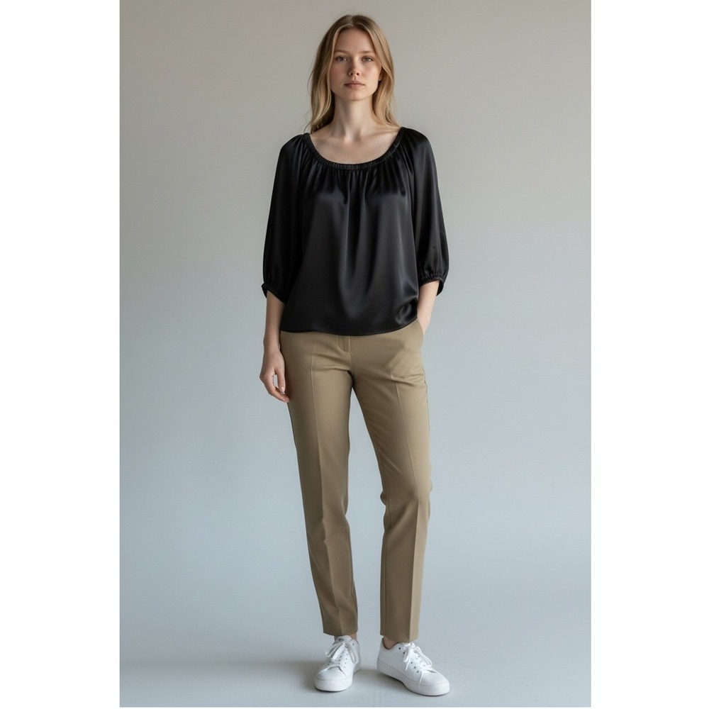 St. John Peasant Blouse Sz Medium Black 3/4 Sleeve Gathered Scoop Neck Top Satin